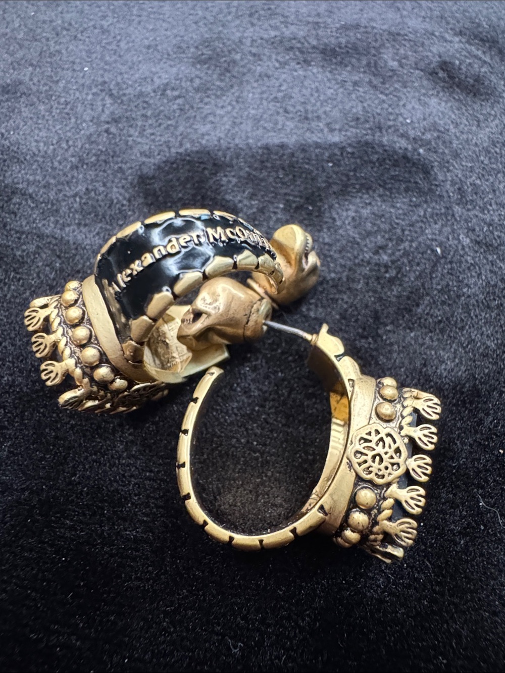Gold-Tone Crown Hoop Earrings with Black Enamel Detail